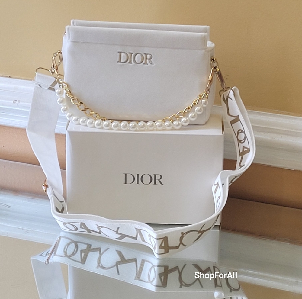 DIOR White Velvet Beauty pouch With Gold Dior Logo Limited Edition New